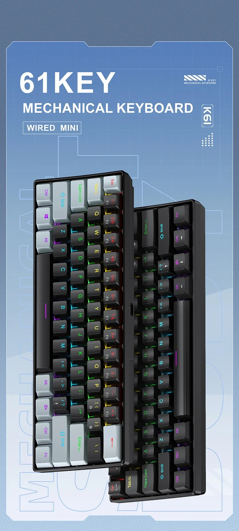 K61 61-keys Wired Mechanical Keyboard,Type-C