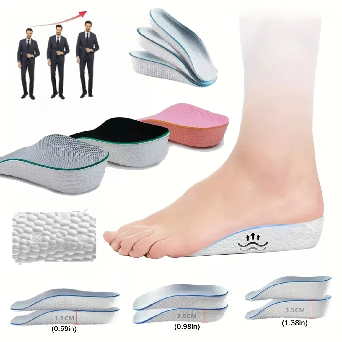 Height Increase Insoles – 1.5/2.5/3.5cm Soft Arch Support Pads