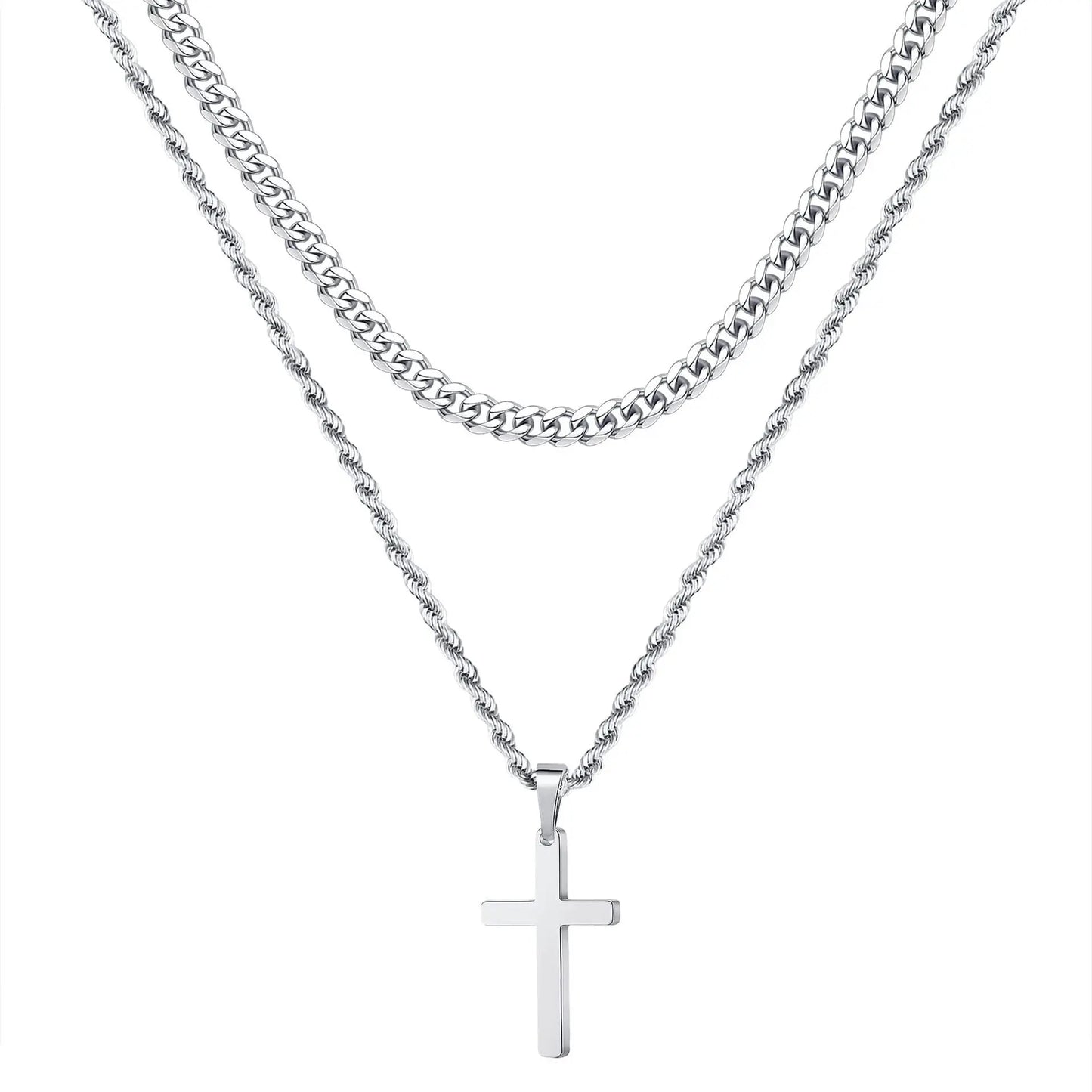 HNSP Stainless Steel Double Chain Cross Necklace