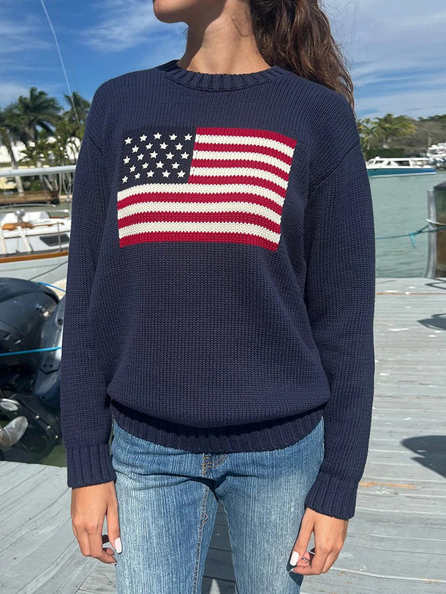 Women American Retro Sweater Long Sleeve