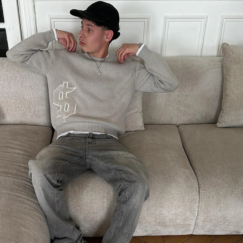 Y2K Round Neck Gray Knitted Sweater