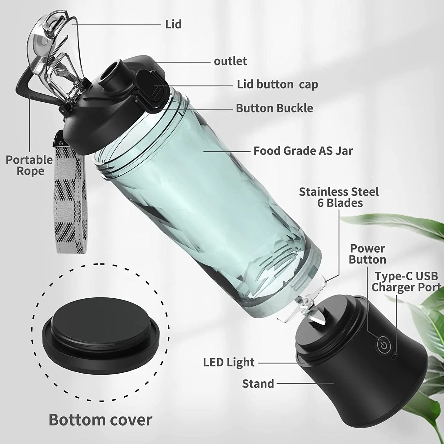 Portable Blender 600ML Electric Juicer Fruit Mixer