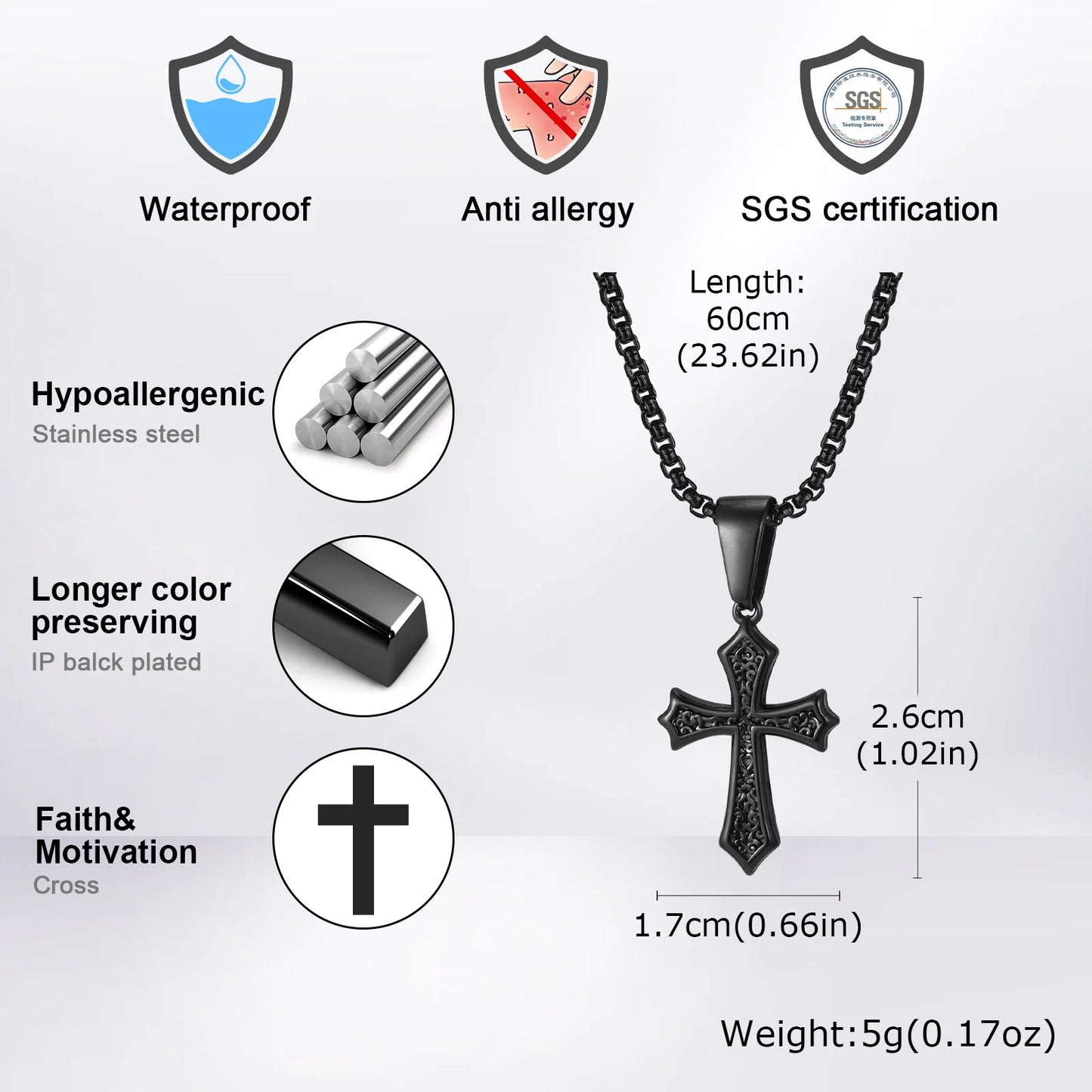 Cross Pendant Necklace for Men Boys,50/55/60cm