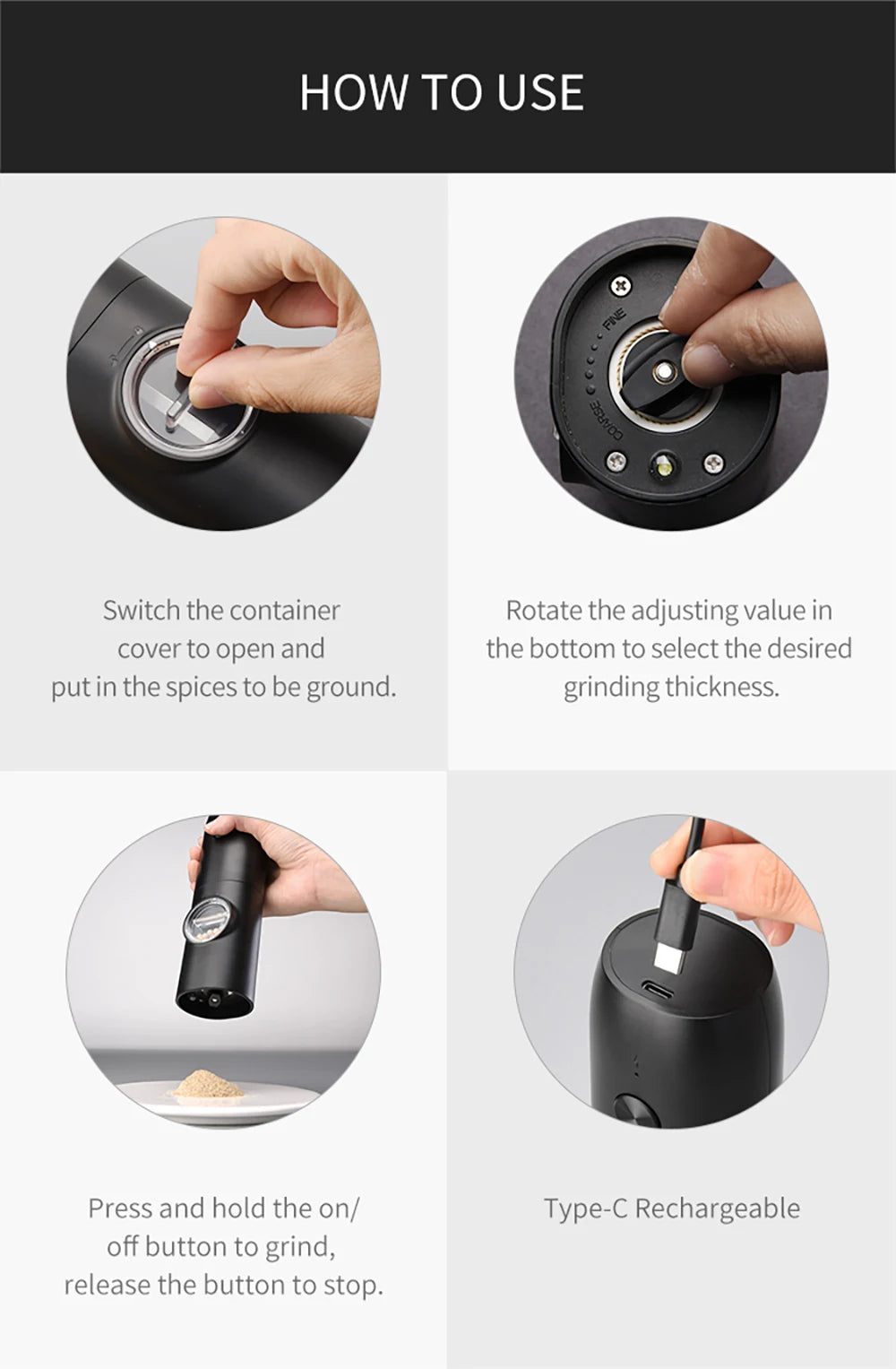 USB rechargeable electric pepper grinder