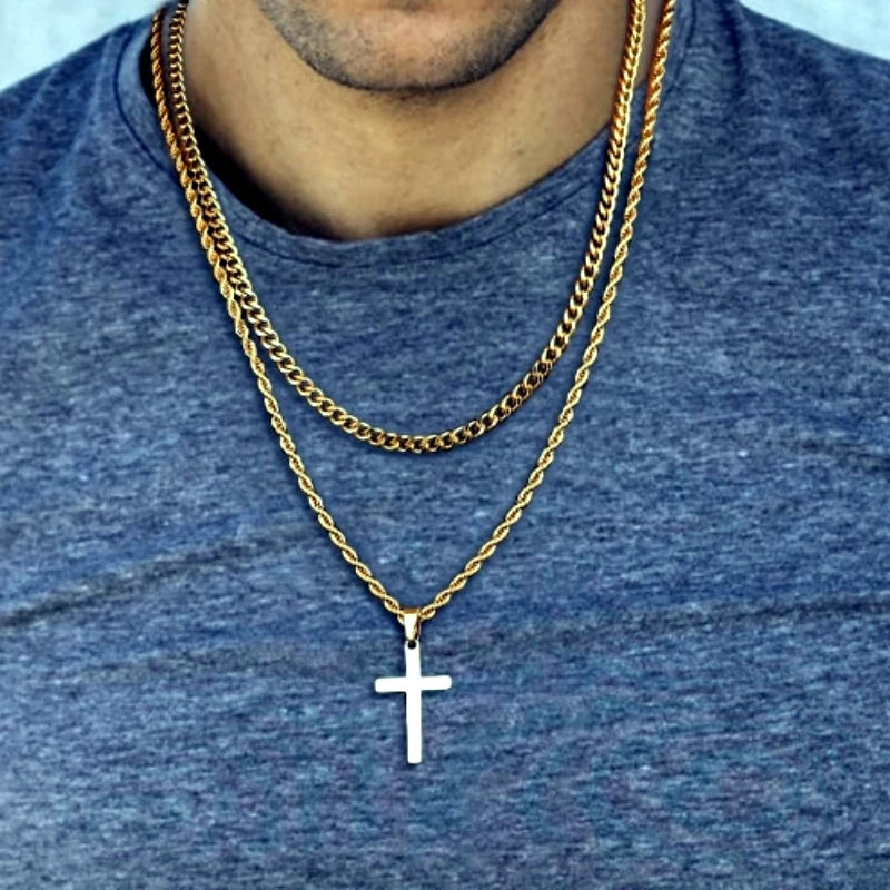 HNSP Stainless Steel Double Chain Cross Necklace