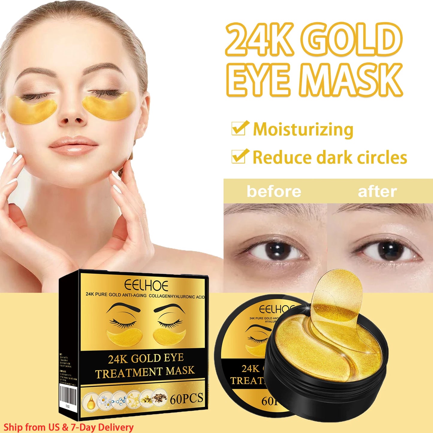 60PCS 24K Gold Eye Mask Anti Dark Circles Removal Eyes Bags