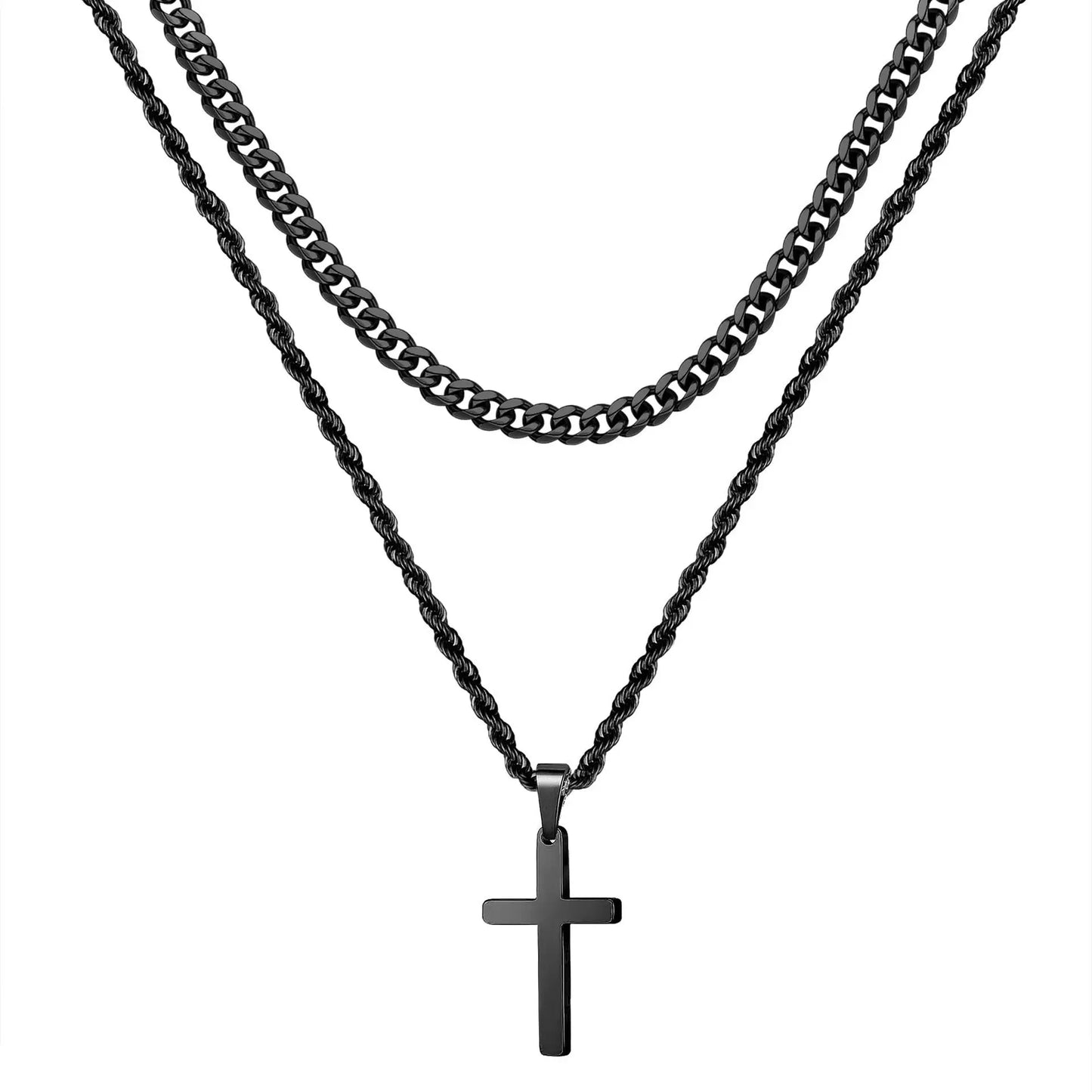 HNSP Stainless Steel Double Chain Cross Necklace