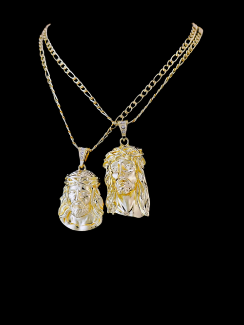 2 Sizes Hip Hop Punk Style God Jesus Head Deluxe Gold Plated Pendant Collar Necklace Figaro Chain Men Women Jewellery
