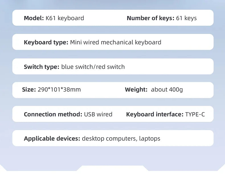 K61 61-keys Wired Mechanical Keyboard,Type-C