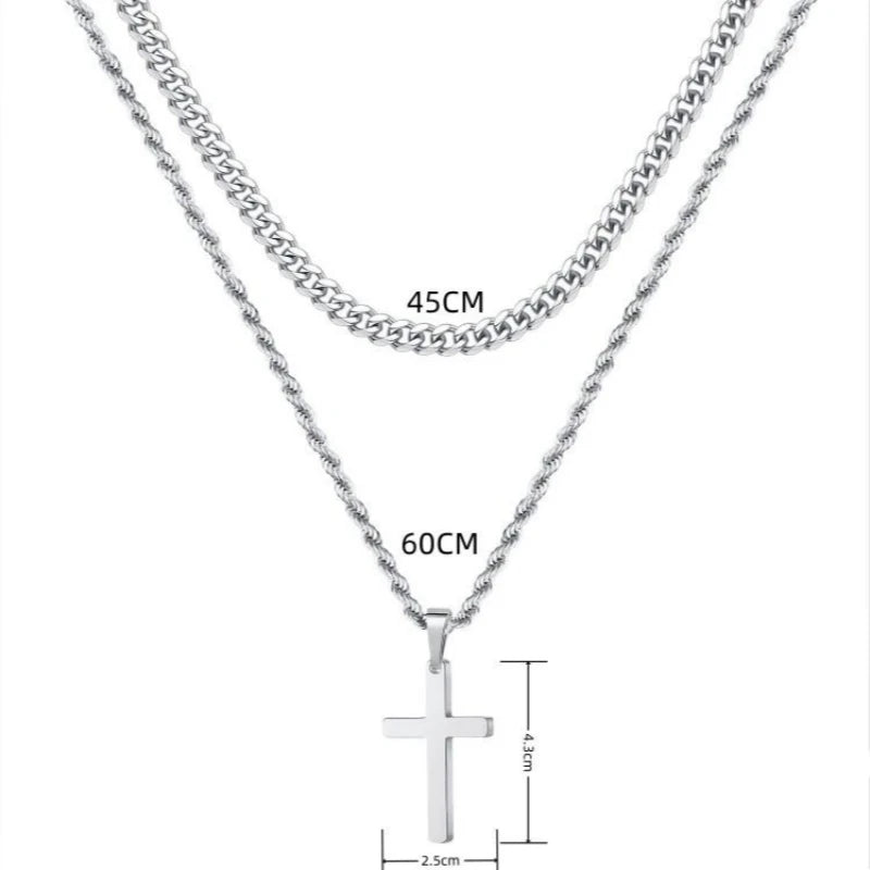 HNSP Stainless Steel Double Chain Cross Necklace