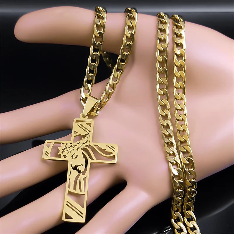 Hip Hop Punk Crown of Thorns Jesus Cross Necklace