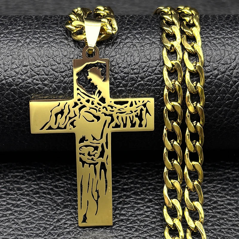 Hip Hop Punk Crown of Thorns Jesus Cross Necklace