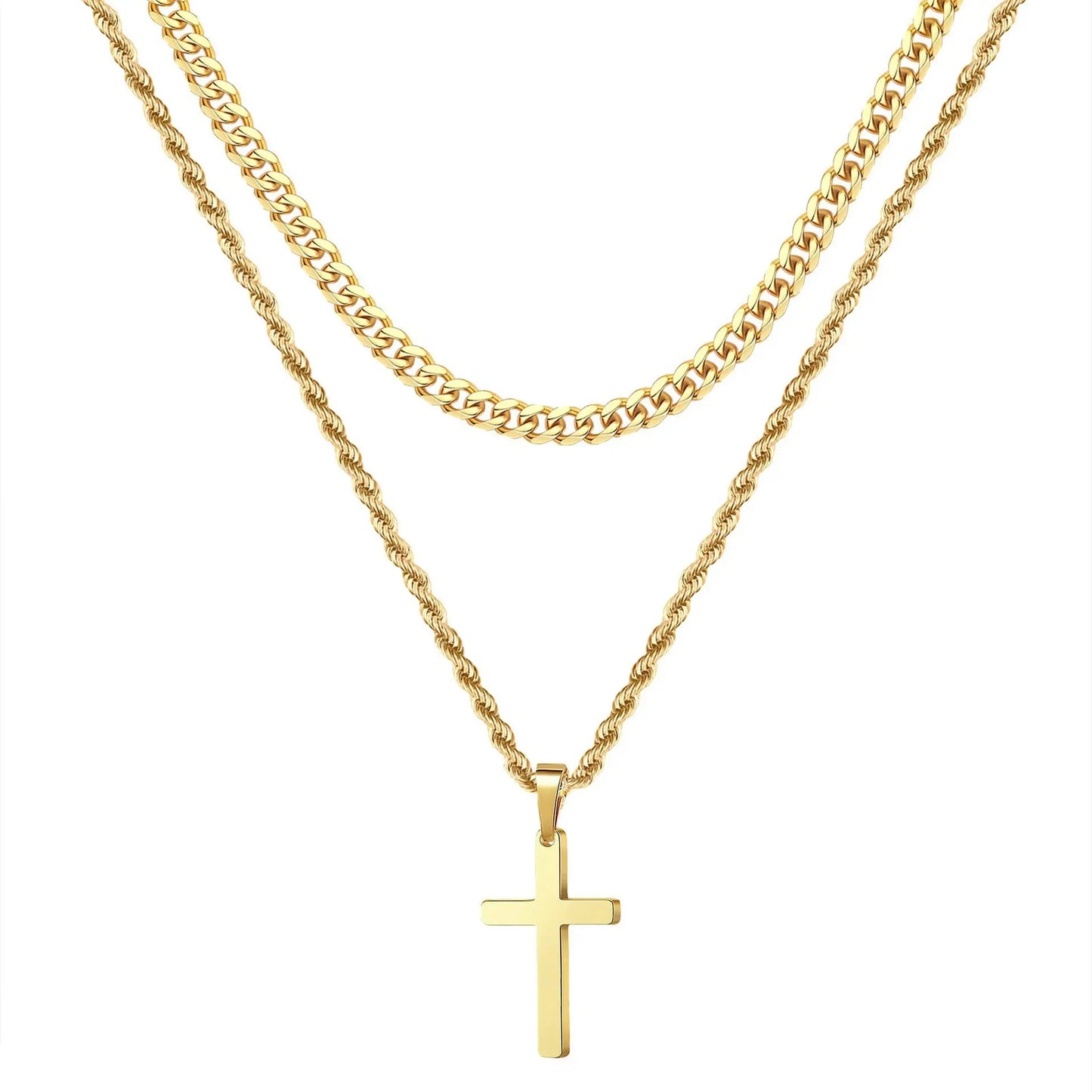 HNSP Stainless Steel Double Chain Cross Necklace
