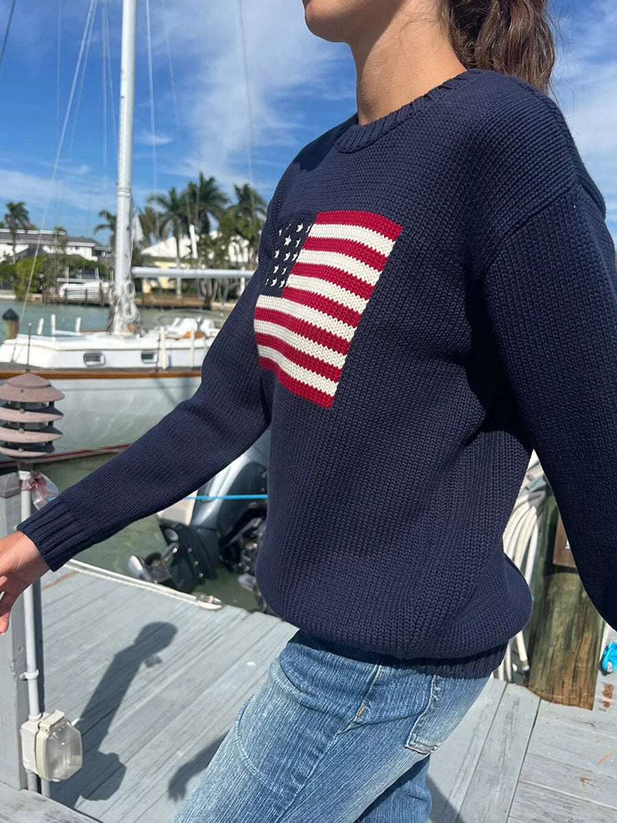 Women American Retro Sweater Long Sleeve