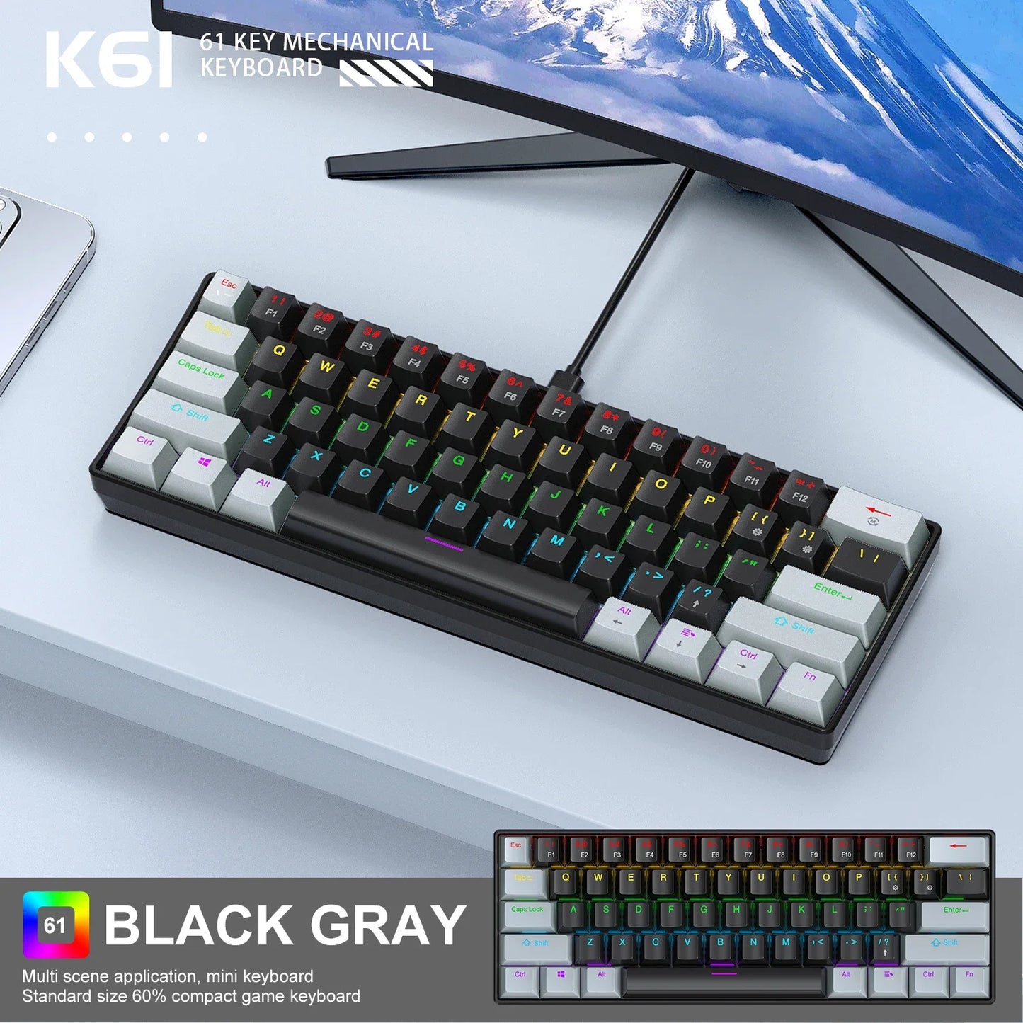 K61 61-keys Wired Mechanical Keyboard,Type-C