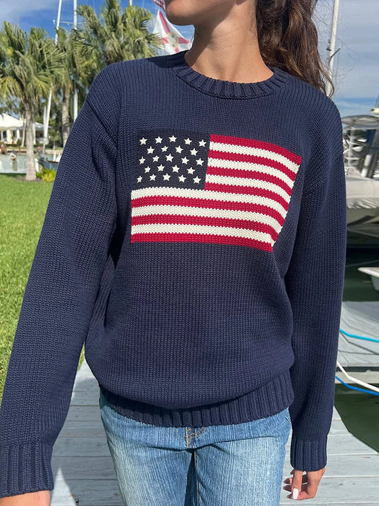 Women American Retro Sweater Long Sleeve