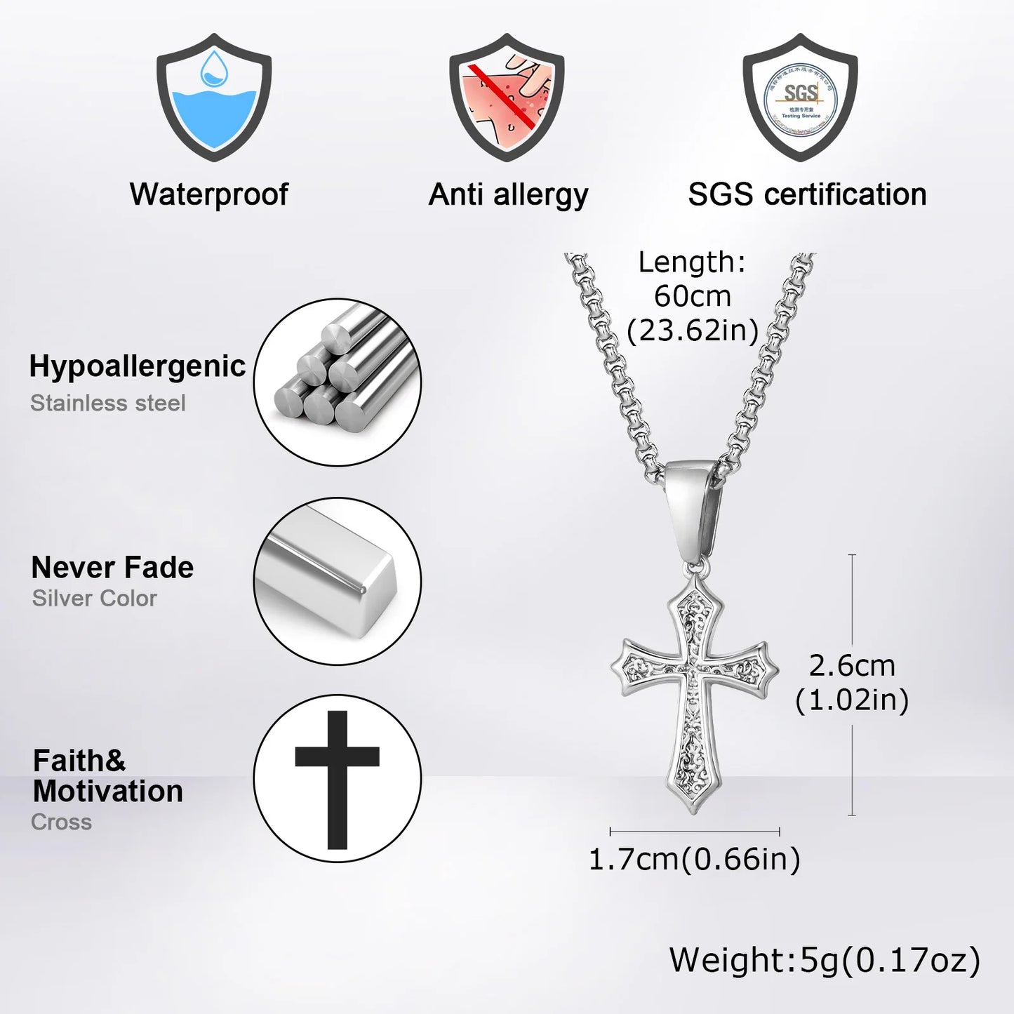 Cross Pendant Necklace for Men Boys,50/55/60cm