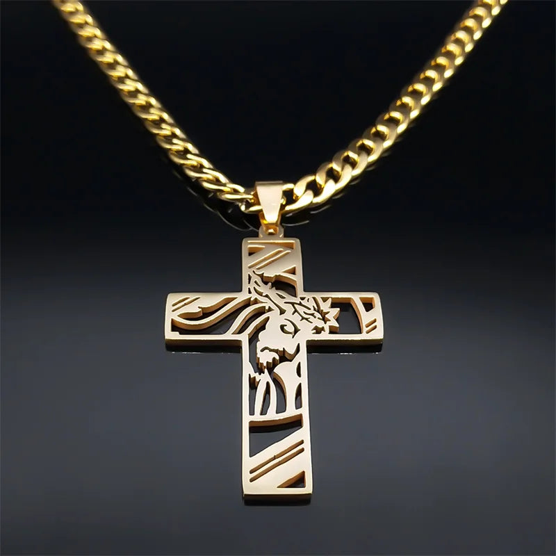 Hip Hop Punk Crown of Thorns Jesus Cross Necklace
