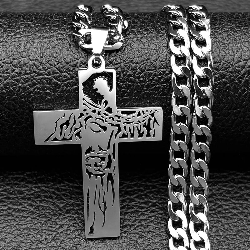 Hip Hop Punk Crown of Thorns Jesus Cross Necklace