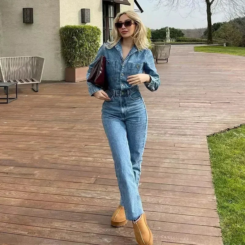 Long Sleeve Denim Jumpsuit