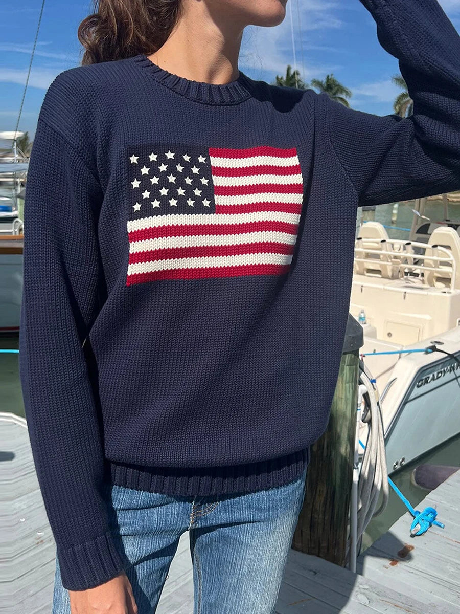 Women American Retro Sweater Long Sleeve