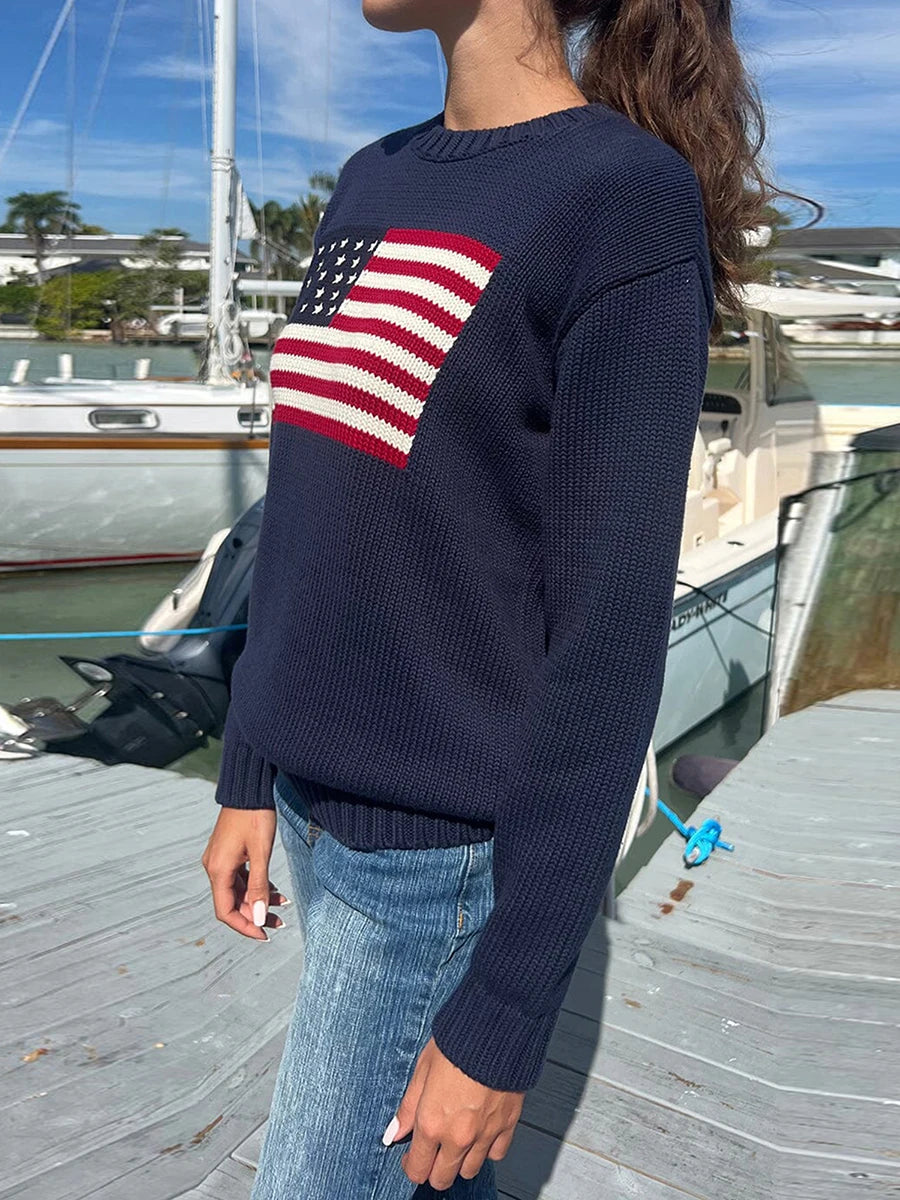 Women American Retro Sweater Long Sleeve