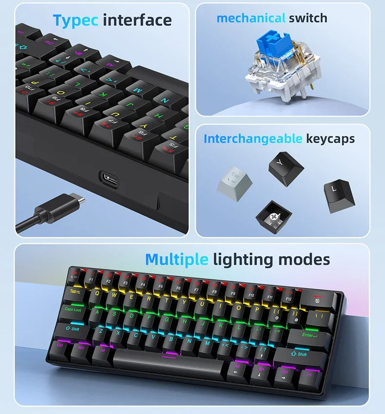 K61 61-keys Wired Mechanical Keyboard,Type-C