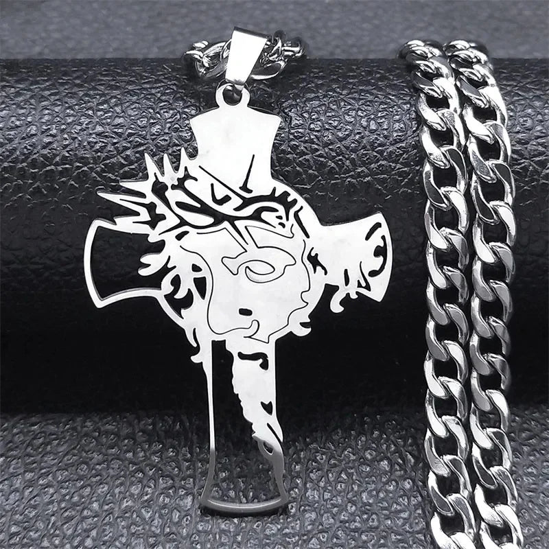 Hip Hop Punk Crown of Thorns Jesus Cross Necklace