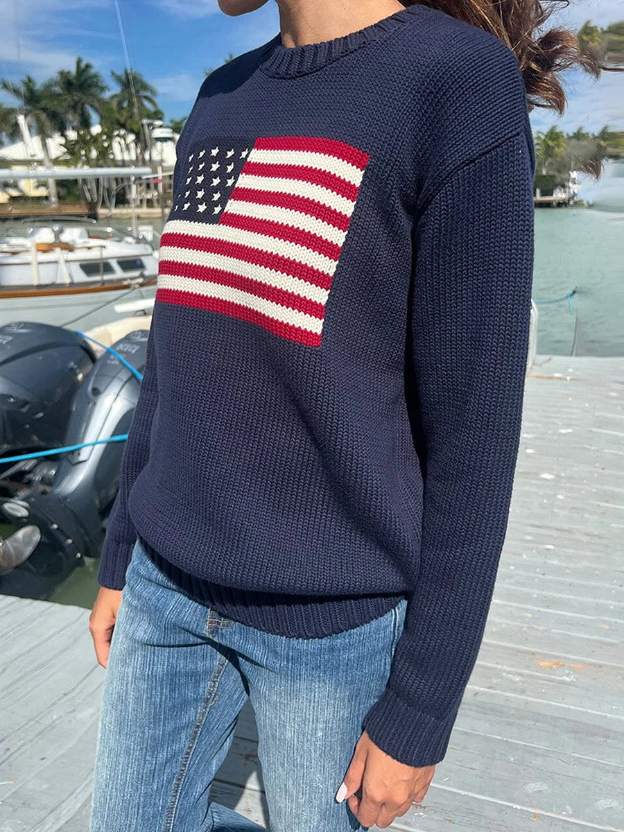 Women American Retro Sweater Long Sleeve
